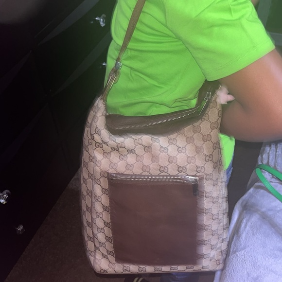 Gucci GUC+ Vintage Tan GG Monogram wBrown Leather Trim Shoulder Bag - Picture 5 of 5